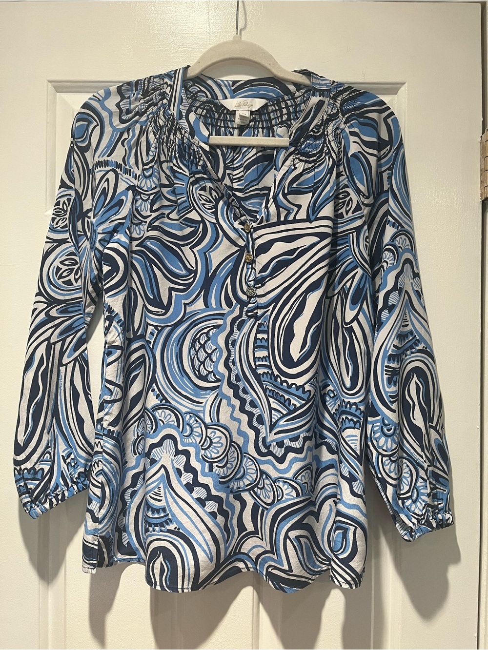Lilly Pulitzer Elsa Silk Top Resort White Give It A Whirl XS